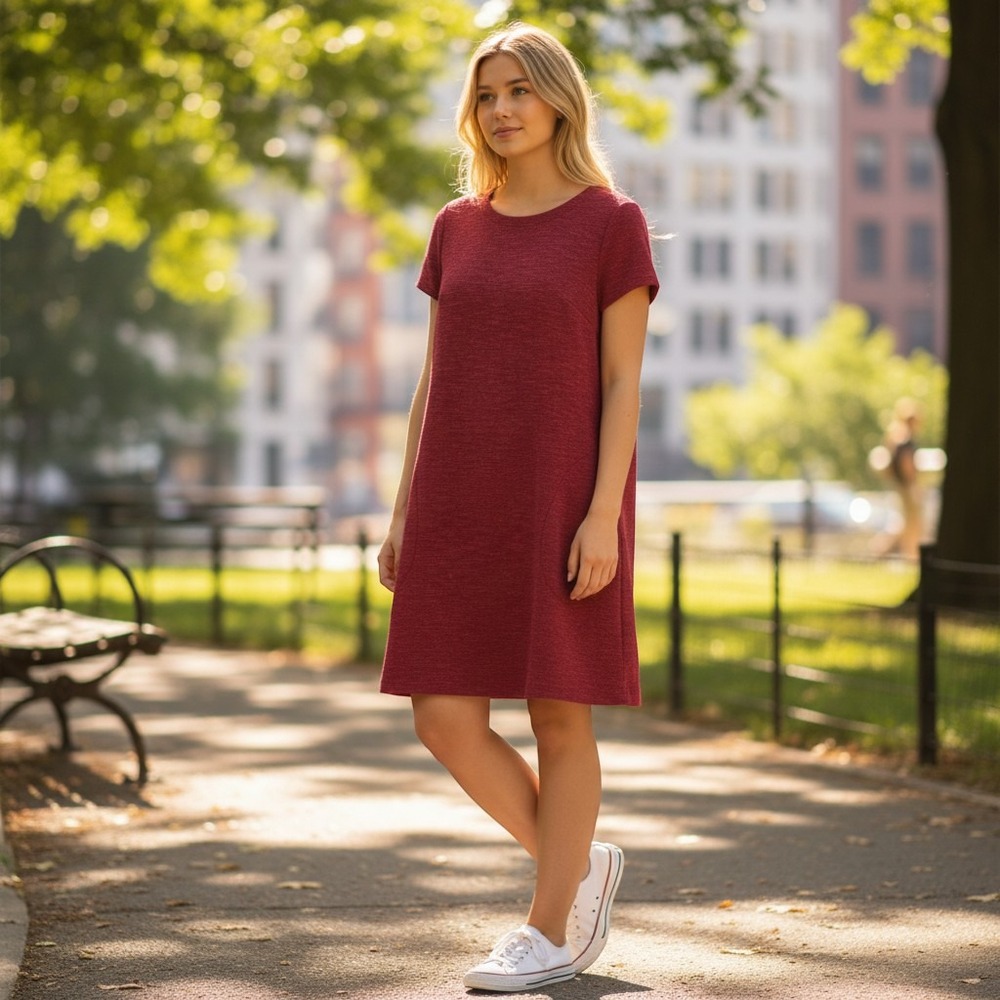 LOFT Womens Burgundy Marled Tweed Shift Dress Short Sleeve Tie Back Pockets 10P